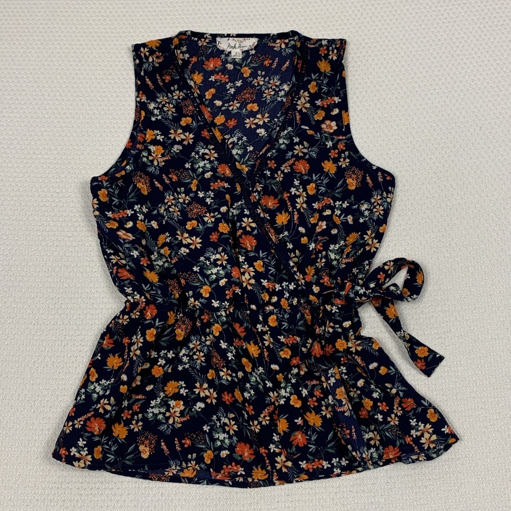 Pink Rose Faux Wrap Blouse Womens S Navy Orange Floral Lace Trim Cottagecore